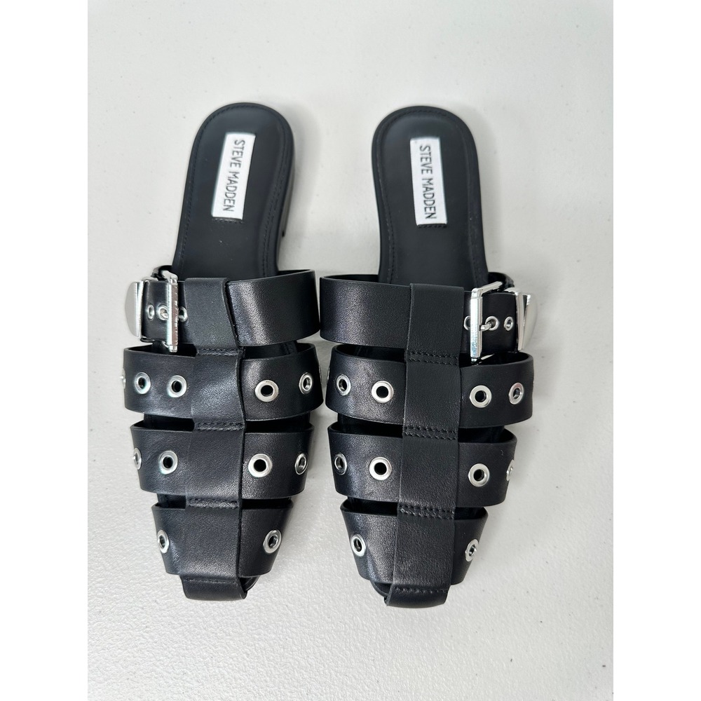 Steve Madden Ladera Mules Size 8M Black Caged Eyelet Grommet Buckle Fisherman